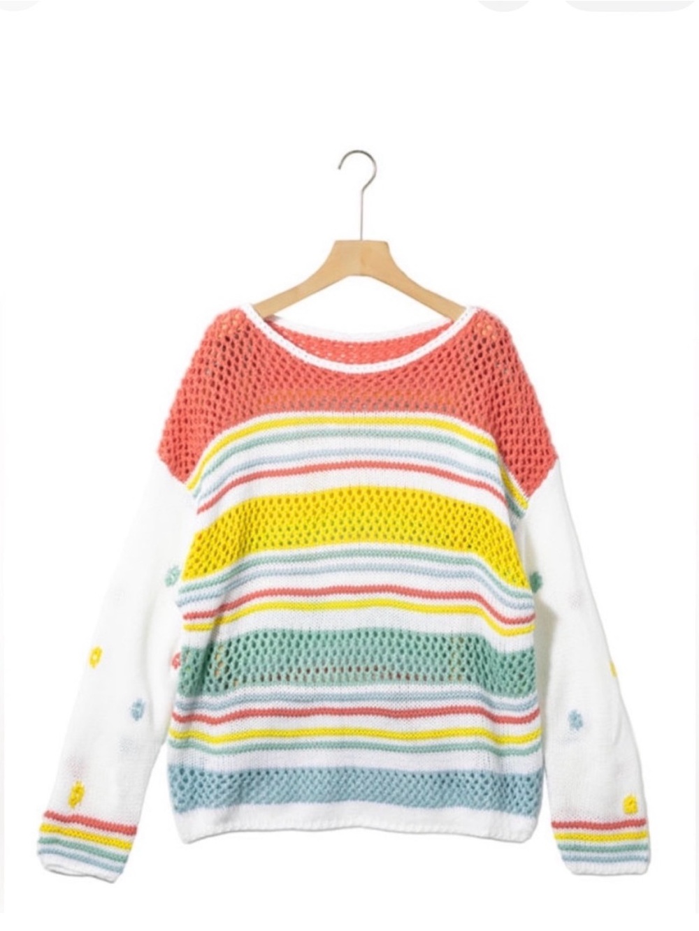 Lightweight Striped Open-Knit Sweater - Coral, Yellow & Mint